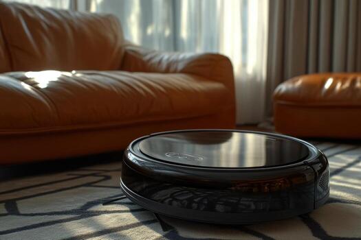 A robotic vacuum cleaner sitting on a rug in front of a couch photo