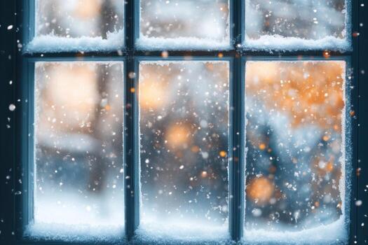 Winter window with snow falling outside photo