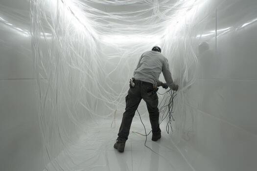 A man is working on a white wall covered in wires photo