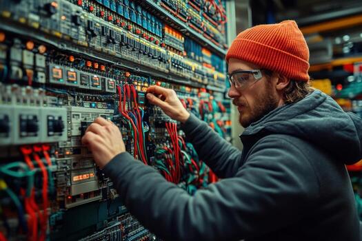 A man in a hat and glasses working on a panel photo