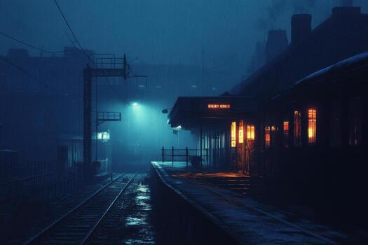 A train station at night with a foggy sky photo