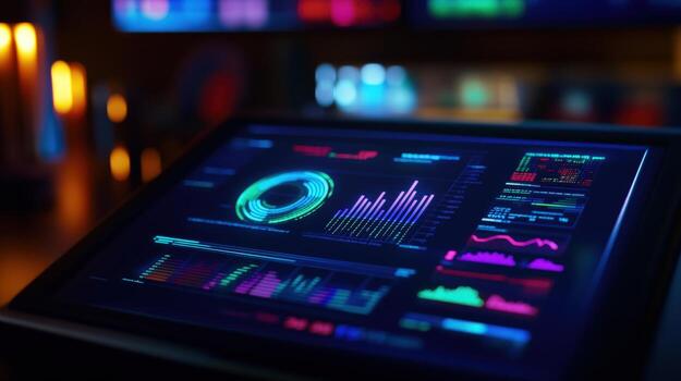 Futuristic data display with glowing graphs and charts photo
