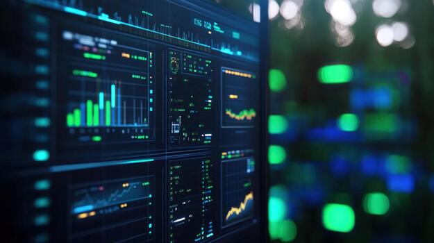 Computer monitor displaying multiple data graphs and charts photo