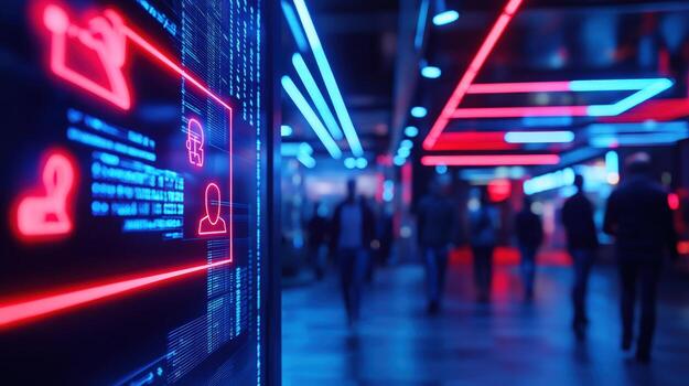 Digital display showing user data in a modern, brightly lit shopping area photo