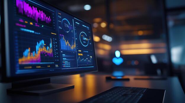 Modern computer monitor displaying financial data in a professional office setting photo