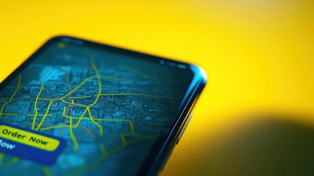 Smartphone displaying a map with an order now button photo