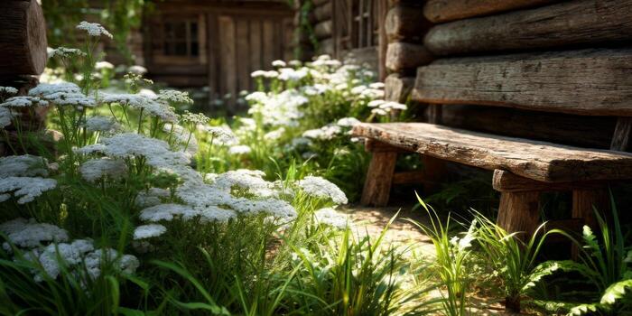Serene Garden Pathway with Rustic Wooden Bench and Lush White Blossoms in Sunlight, Surrounded by Charming Log Cabin photo