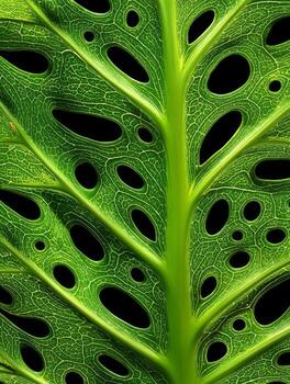 Close-up View of Intricate Leaf Patterns with Unique Holes and Vivid Green Color Against a Dark Background photo