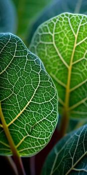 Detailed close-up view of green leaves showcasing intricate vein patterns and vibrant textures in natural light photo