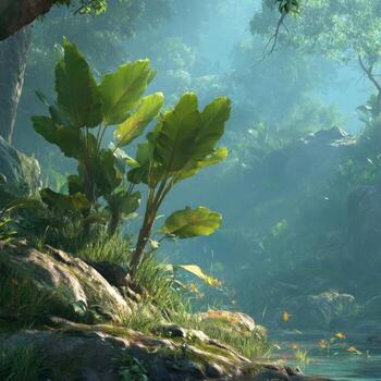 Lush Green Jungle Scene with Plants and Mist in a Tropical Environment at Dawn photo