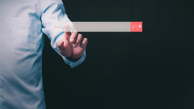 Internet search technology using a toolbar, a businessman touching the search box on the network, search engine optimization, and a search console website photo