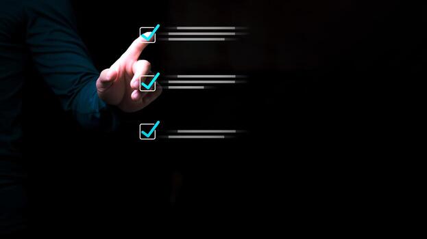 Businessman touching digital progress checklist with check marks, checking tasks in document list, reviewing work details, business, process flow, checking check marks in survey photo