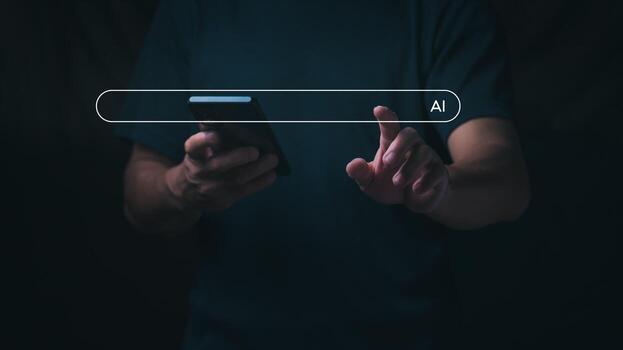 Users interact with AI or artificial intelligence-driven search interfaces using Command Prompt commands to generate ideas or solve problems, data search optimization with AI technology, and SEO photo