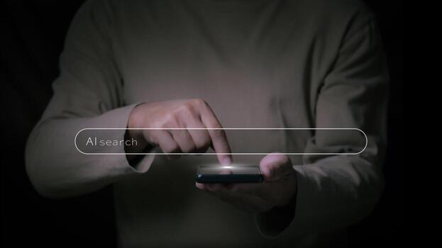 AI Internet Search Technology, Businessman Touching the Channel for Searching Information on the AI-Powered Network, Search Engine Optimization, Artificial Intelligence Data Technology photo