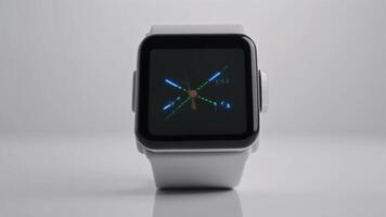Minimalist smartwatch rotating on seamless white background with subtle reflection, modern digital product presentation video