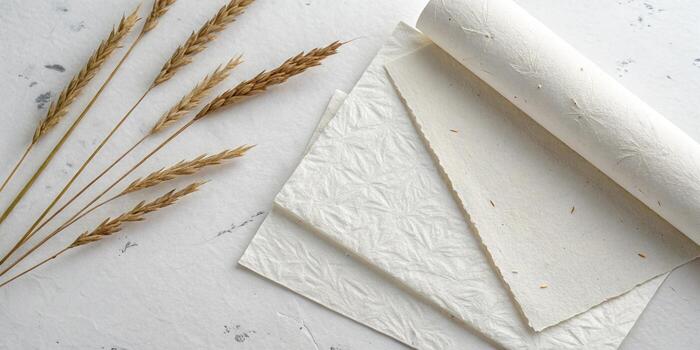 Paper and wheat on a white surface photo