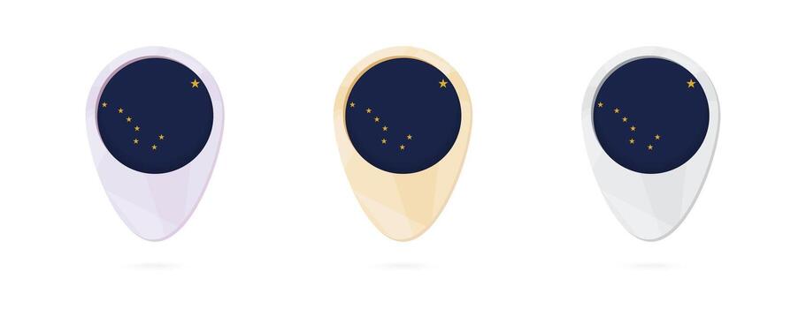 Map markers with flag of US state Alaska, 3 color versions. vector