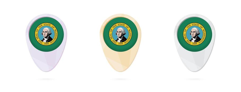 Map markers with flag of US state Washington, 3 color versions. vector