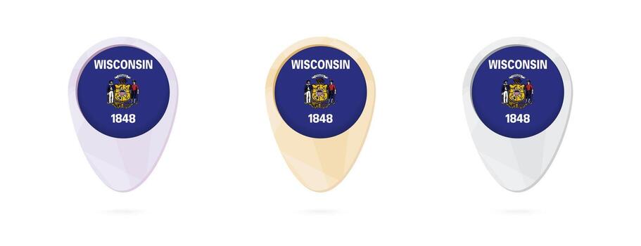 Map markers with flag of US state Wisconsin, 3 color versions. vector