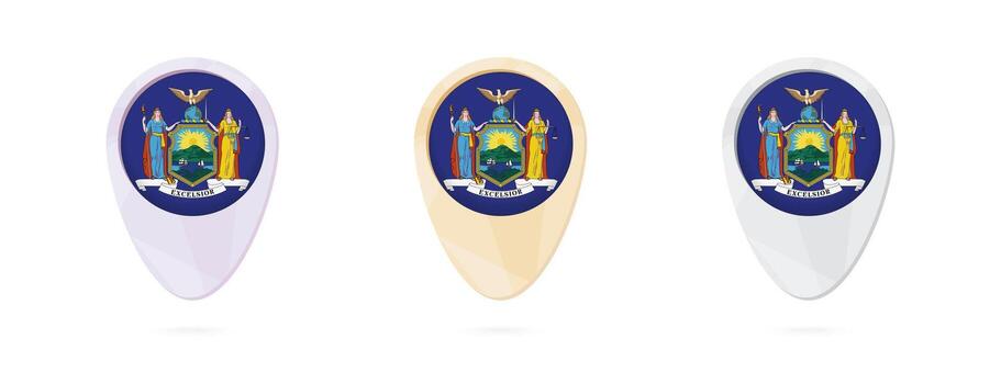 Map markers with flag of US state New York, 3 color versions. vector