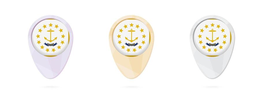 Map markers with flag of US state Rhode Island, 3 color versions. vector