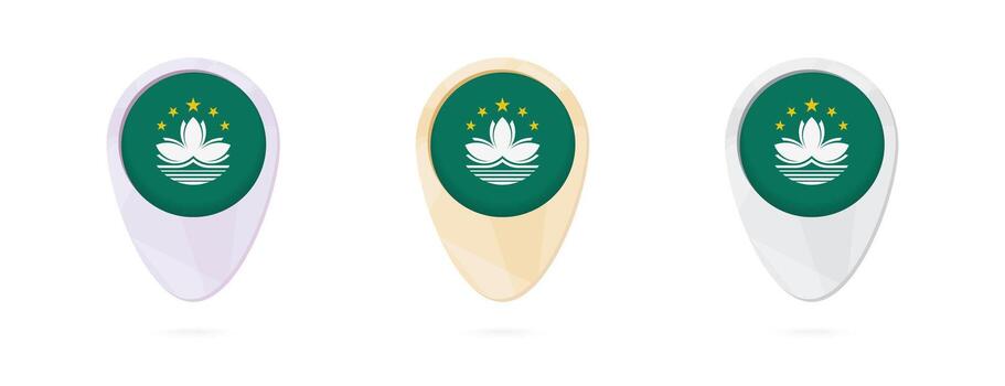 mapa marcadores con bandera de macao, 3 color versiones. vector