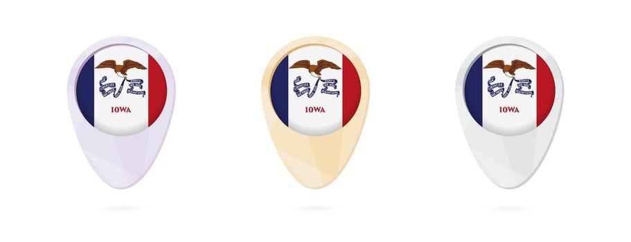 Map markers with flag of US state Iowa, 3 color versions. vector