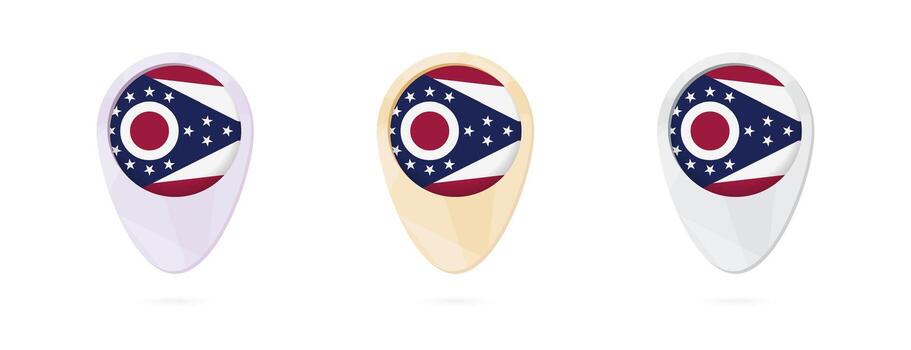 Map markers with flag of US state Ohio, 3 color versions. vector