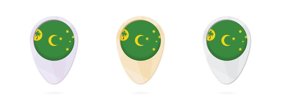 mapa marcadores con bandera de cocos islas, 3 color versiones. vector