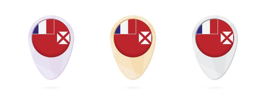 mapa marcadores con bandera de Wallis y futuna, 3 color versiones. vector