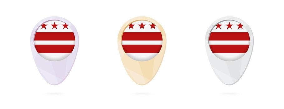 Map markers with flag of US District of Columbia, 3 color versions. vector
