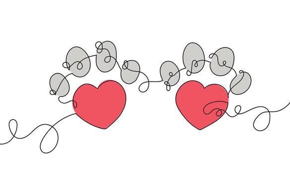 Continuous Line Drawing of Two Red Hearts with Gray Scribble Clouds vector