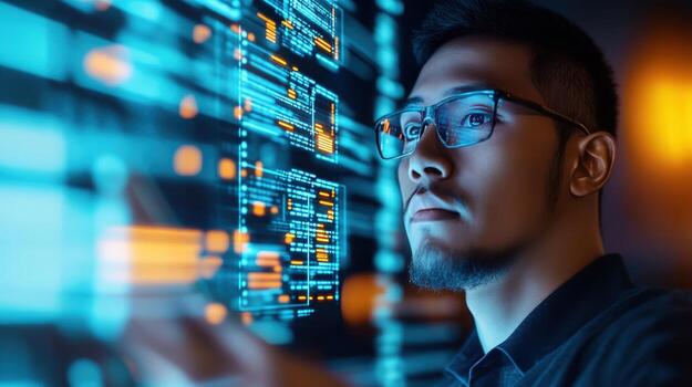 Focused programmer interacts with holographic display photo