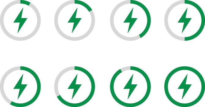 Circle Battery Charging Indicator icon. lightning bolt icons. Progress with Lightning Symbol. lightning bolt and usb cable. Lightning energy level bar. vector