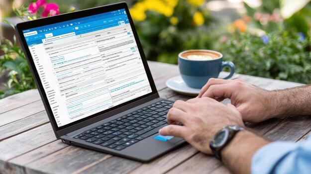Man using laptop on outdoor table photo