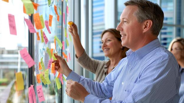 A group of people looking at sticky notes on a wall photo