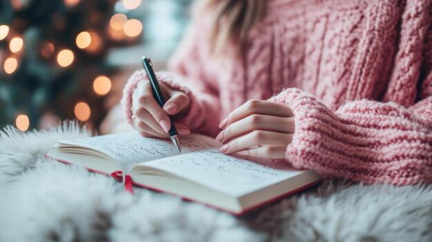 Woman writing in notebook in front of christmas tree photo