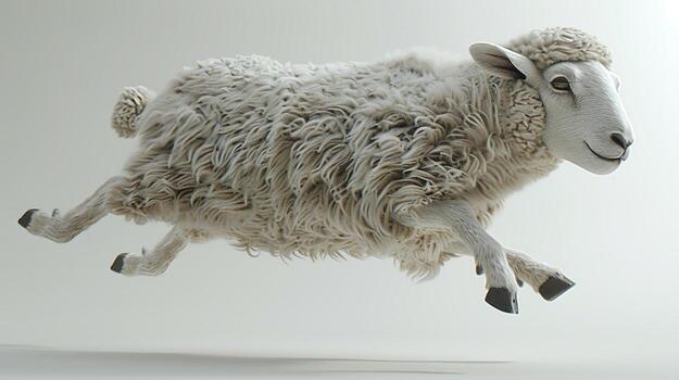 A fluffy sheep in mid-jump captured in a studio setting, showcasing motion and wool texture against a plain background. photo
