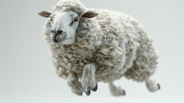 Close-up of a fluffy sheep mid-jump, showcasing its thick wool and dynamic motion against a plain background. photo