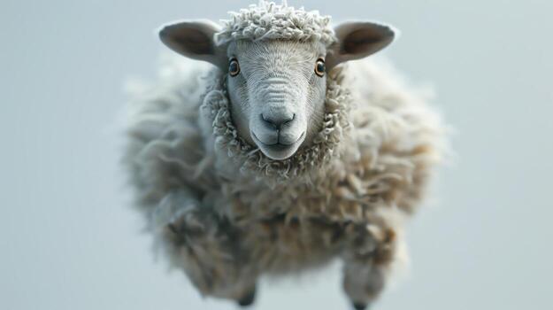 Close-up of a fluffy sheep with a soft wool coat, facing forward against a light blue background, capturing its adorable and serene expression. photo