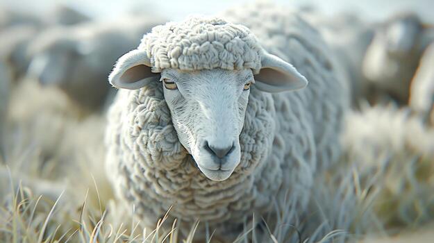 Close-up of a sheep in a grassy field, showcasing textured wool and calm expression, with a flock in the background on a sunny day. photo
