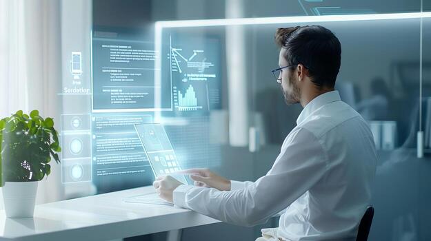 profesional trabajando en futurista computadora interfaz, analizando datos y gráficos en moderno oficina ajuste. foto