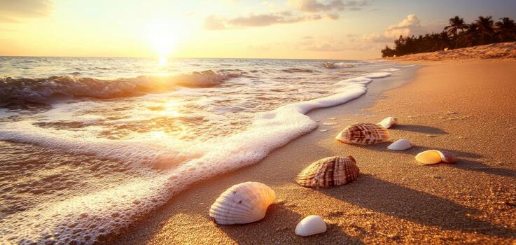 Beautiful seaside with shells on sandy beach at sunset. photo