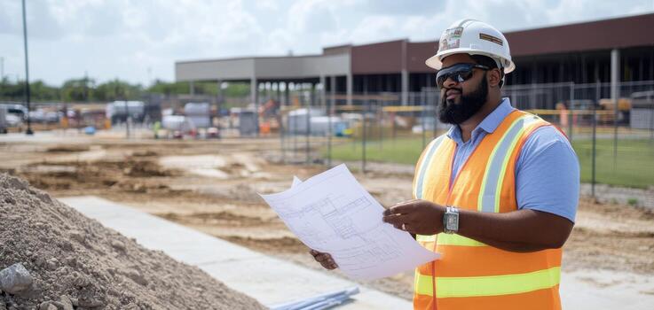 Construction worker examining blueprints on a building site. photo