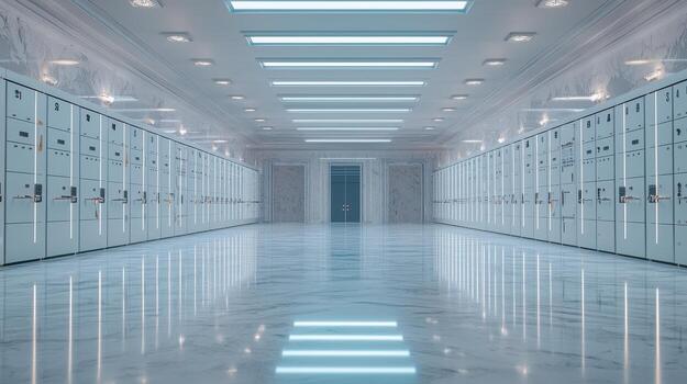 moderno corredor con casilleros en un brillante, resumen espacio. foto