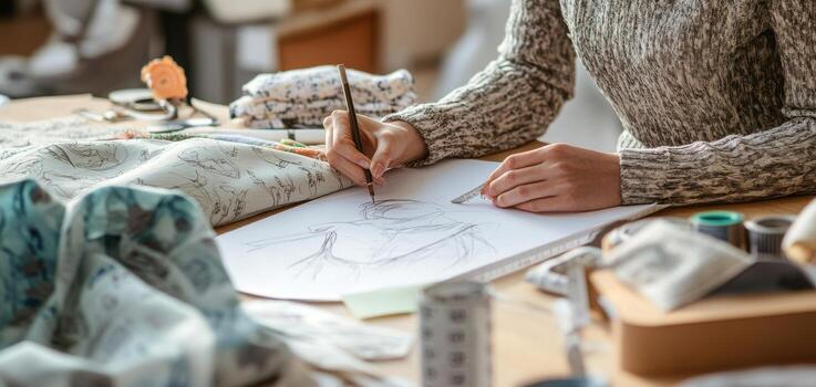 Person sketching design on paper surrounded by fabric and sewing materials. photo