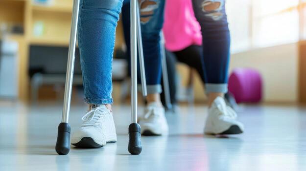 Individuals using crutches in a rehabilitation setting, support and recovery. photo