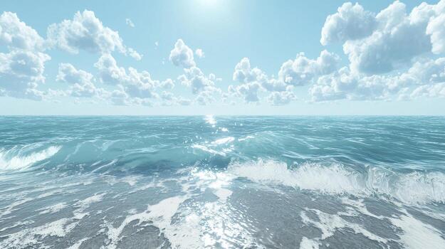 Waves crashing on a serene beach under a clear blue sky with fluffy clouds. photo
