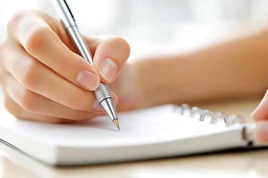 Close-up of a hand writing in a blank notebook with a pen. photo