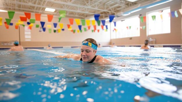 Young swimmer training in a pool with colorful flags above and bright lighting. photo